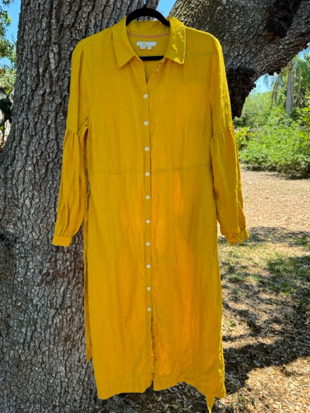 Boden-100% Linen Golden Yellow Button-Front Midi Shirt Dress with Sash.Size 10